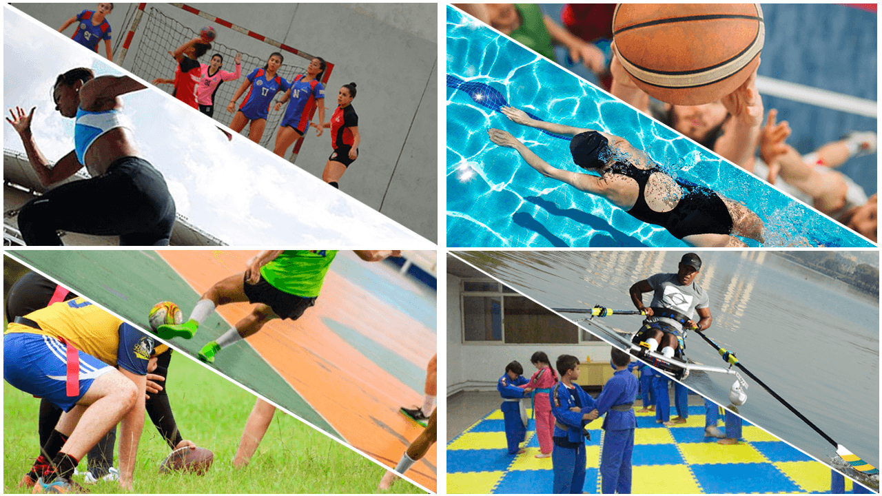 Mosaico com fotos dos esportes de natação, taekwondo, handebol e futebol americano
